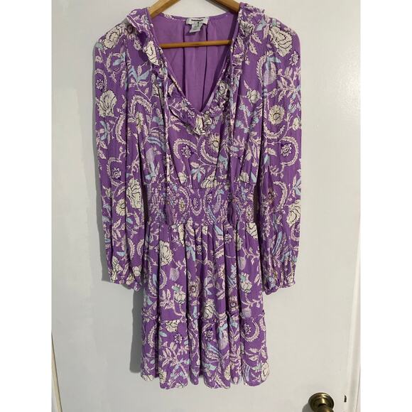 Haute Hippie mini dress women’s XS purple paisley smocked ruffle boho whimsical - Picture 1 of 6